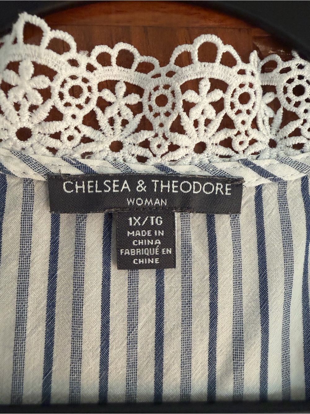 Chelsea & Theodore Navy and White Striped Lace-Trim Peasant Blouse - Picture 5 of 5